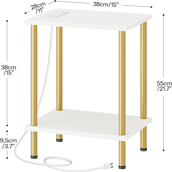 HOOBRO Side Table with Charging Station, Set of 2 End Tables with USB Port and Outlets, Nightstand with 2-Layer Storage Shelves for Small Spaces, Living Room, Bedroom, White and Gold DW09UBZP201