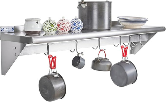 Hally Stainless Steel Shelf with 6 Hooks 12" x 48" Wall Mounted Pot Rack, NSF Commercial Floating Shelving for Storage Hanging Pots, Pans, cookware in Restaurant, Kitchen, Home and Hotel