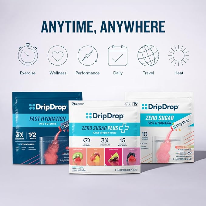 DripDrop Zero Sugar Plus - Sugar Free Hydration Packets - Single Serve Electrolytes Powder Drink Mix - Raspberry Lemonade, Watermelon, Tangerine, Tropical Punch - Non-GMO, Gluten Free, Vegan- 8 Sticks
