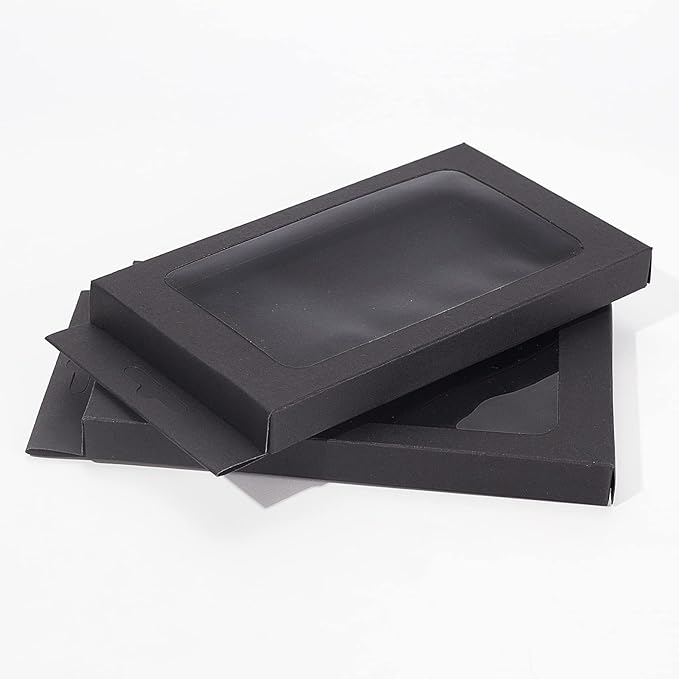 BENECREAT 20 Pack Kraft Paper Boxes with Clear Window 7x3.5x0.6" Black Gift Packaging Boxes for Bakery Cookies Cake Candy Wedding Party Favors