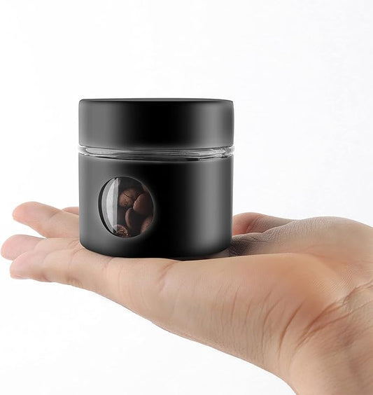 Coffee Canister Travel Jar, Mini Airtight Stainless Steel and Glass Food Storage Container Great for Coffee Bean and Coffee Grounds - Black, 1.4 OZ