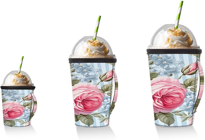 Reusable Iced Coffee Cup Sleeve Rose Blue Stripes Neoprene Insulated Sleeves Cup Holder with handle Idea for 30oz - 32oz