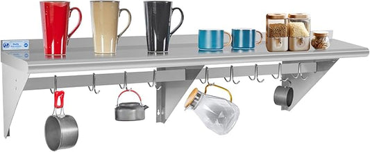 Hally Stainless Steel Shelf with 9 Hooks 18" x 60" Wall Mounted Pot Rack 450lb, NSF Commercial Floating Shelving for Storage Hanging Pots, Pans, cookware in Restaurant, Kitchen, Home and Hotel