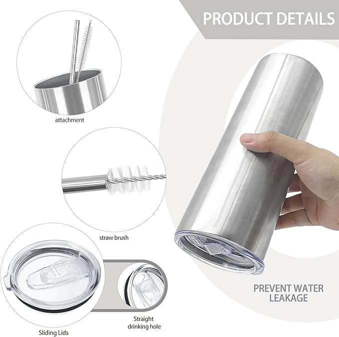 YOUKE OLA 16 Pack Stainless Steel Skinny Tumblers Blank Bulk Straight Double Wall Insulated Tumbler with Lid and Straw for, DIY Gift, 20oz Silver