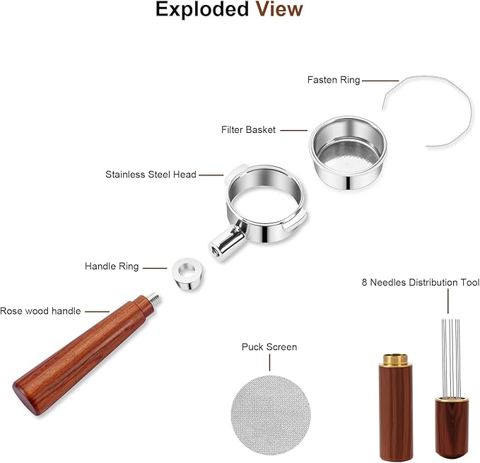 51mm Bottomless Portafilter 2 Ears with WDT Tool & Puck Screen, Stainless Steel Filter Basket and Rosewood Handle, Compatible with Delonghi ECP3420/EC155/EC260, ECP3120/3220/3630