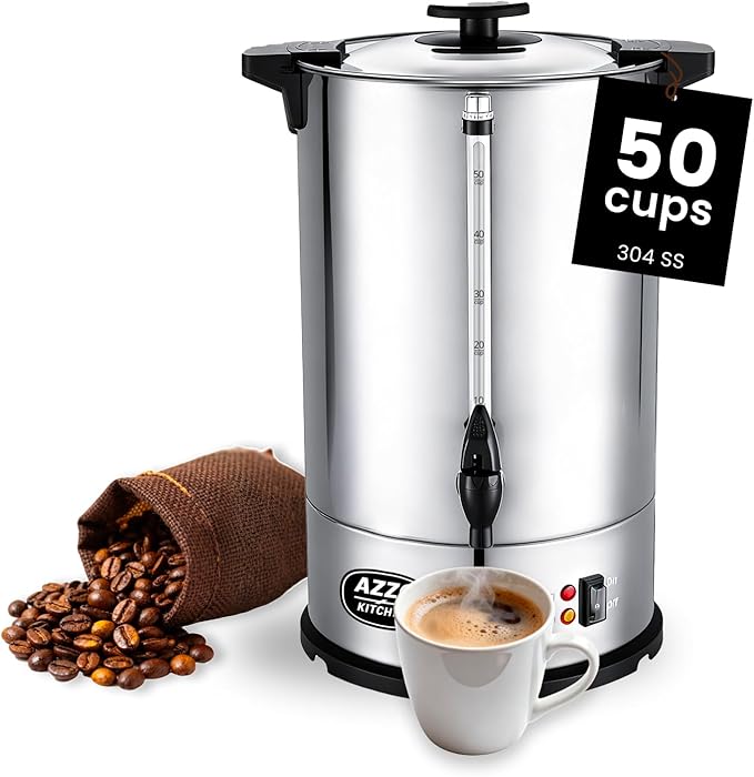 AZZO KITCHEN Commercial Coffee Maker 50-Cup Large Coffee Urn with Percolator Coffee Pot Electric 8L Stainless Steel Fast Brew Hot Water Dispenser for Tea Catering Events Home Office Easy Cleaning
