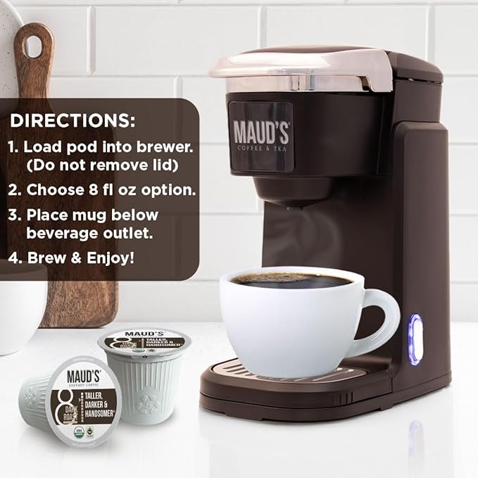 Maud's Organic Dark Roast Coffee Pods, 50 ct, Fair Trade & Single Origin Recyclable Single Serve Pods – 100% Arabica Coffee, Compatible with Keurig K Cups Maker