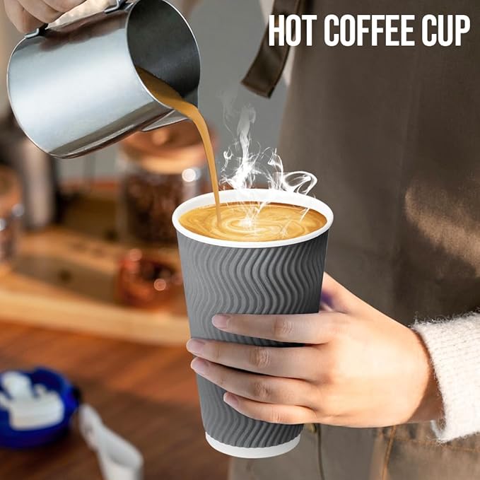 BYSNOW 16 oz Coffee Cups with Lid, 100 Pack Disposable Coffee Cups Insulated Ripple Paper Cups for Water, Juice, Coffee (Gray 16 oz)