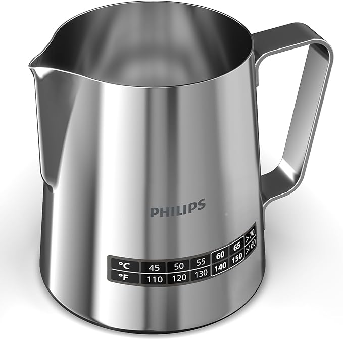 Philips Temperature Perfection Milk Jug - Integrated Temperature Indicator, Smooth Microfoam, Stainless Steel, 450ml Capacity, Perfect for Latte Art, Espresso Accessory (CA8012/10)