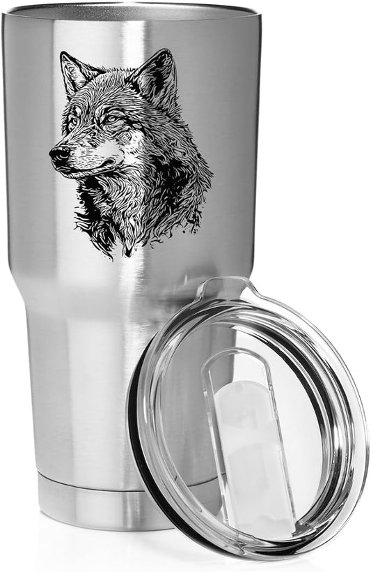 Smooth Body Tumbler Stainless Steel Vacuum Insulated Travel Mug Cup Gift Wolf Head (Stainless Steel, 30 oz)