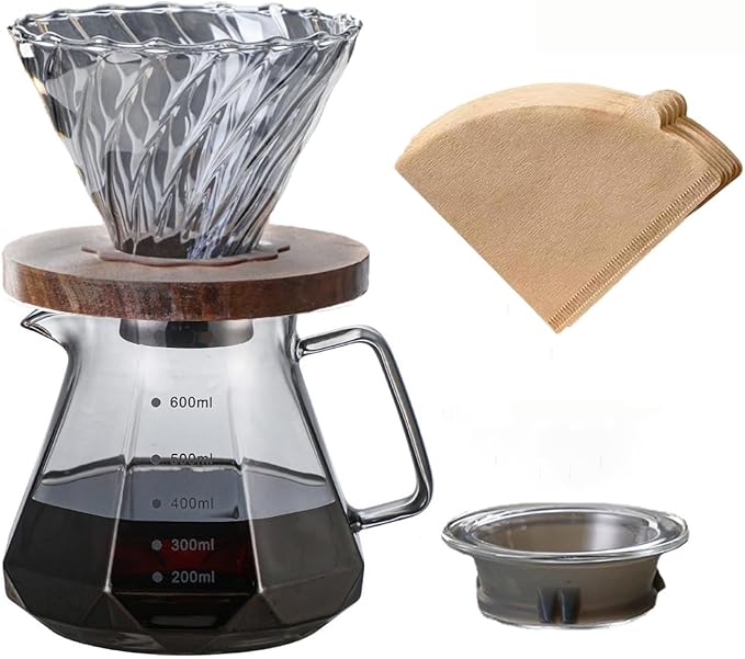 BeeCa Smoked Glass Pour Over Coffee Maker Set, 20oz/600ml All-in-One Brewer, Borosilicate Carafe with Handle & Lid, Includes 50 cone-shaped paper filters (Size 02), Home Office Essential