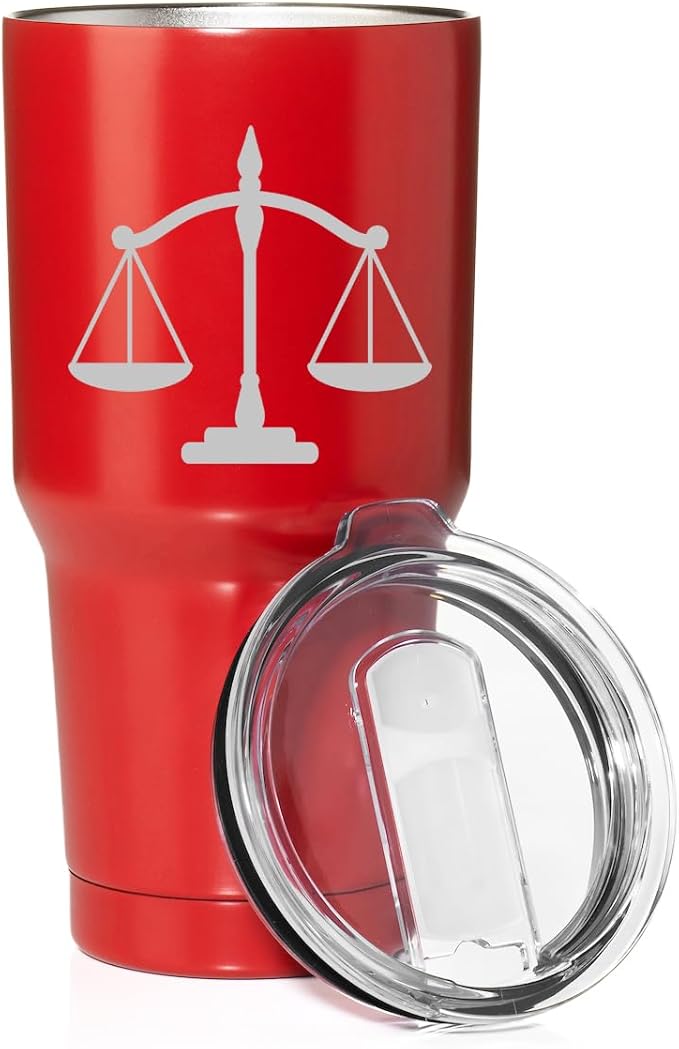 Smooth Body Tumbler Stainless Steel Vacuum Insulated Travel Mug Cup Gift Scales of Justice Lawyer Paralegal Judge (Red, 30 oz)
