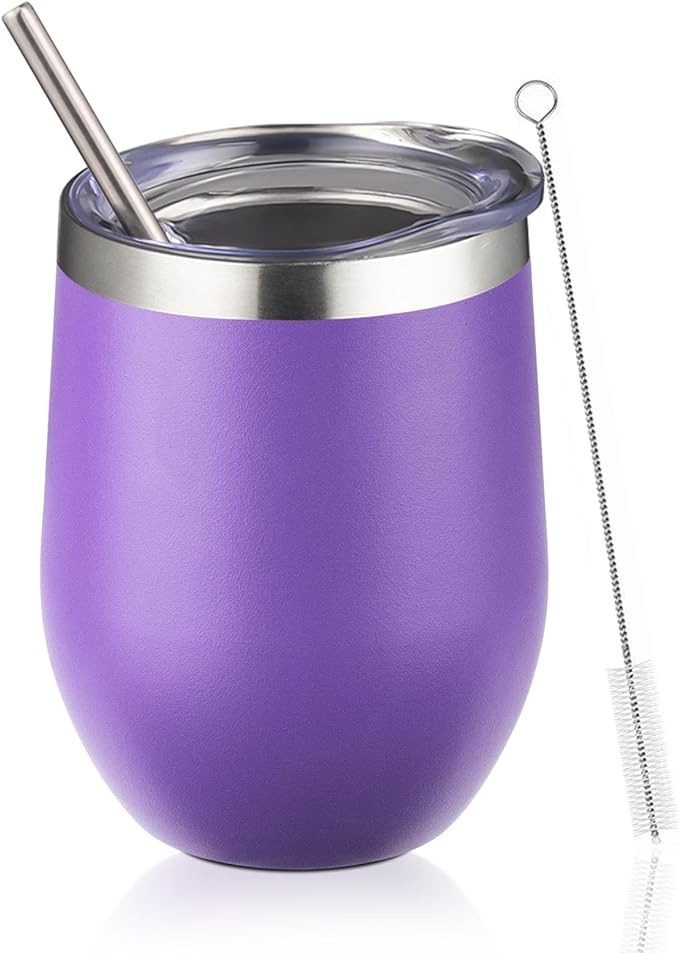 12oz Wine Tumbler with lid, Stainless Steel Travel Mugs Stemless Double Wall Insulated Coffee Cup, Insulated Wine Glasses Travel Tumbler for Cold & Hot Drinks(Purple, 1)