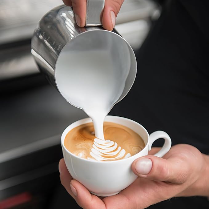 Milk Frothing Pitcher, 20oz Steaming Pitcher with Clear Scale, 304 Stainless Steel Milk Frother Cup Cappuccino Espresso Machine Accessories for Latte Art, Barista, Home Use, Easy Clean Barista Tool