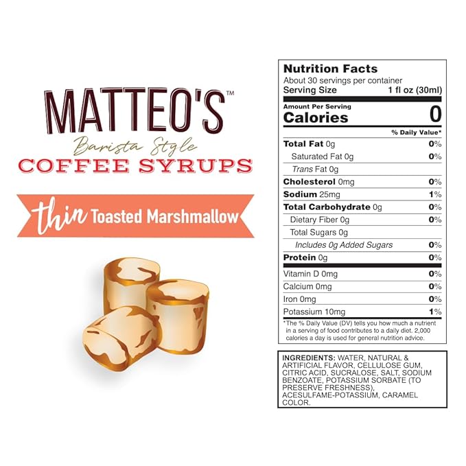 Matteo's Toasted Marshmallow Syrup for Coffee, Lattes, Cappuccinos & Desserts – Sugar-Free Sweetener for Beverages, Keto Friendly, Zero Calories, Indulgent Flavor, Non-Alcoholic, 33.8oz (6pk)