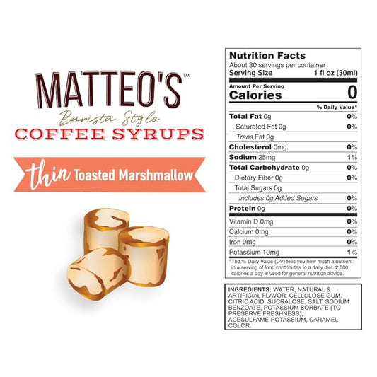 Matteo's Toasted Marshmallow Syrup for Coffee, Lattes, Cappuccinos & Desserts – Sugar-Free Sweetener for Beverages, Keto Friendly, Zero Calories, Indulgent Flavor, Non-Alcoholic, 33.8oz (6pk)