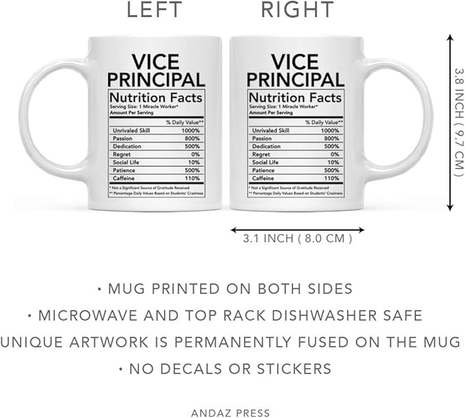 Andaz Press Funny 11oz. Ceramic Coffee Tea Mug Thank You Gift, Vice Principal Nutritional Facts, 1-Pack, Novelty Gag Birthday Christmas Gift Ideas Coworker