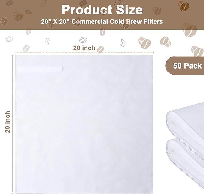YURICK 50 Pack Commercial Cold Brew Coffee Filters for 5 Gallon Buckets, 20" X 20" Commercial Cold Brew Bags for Commercial Model Cold Brew Coffee Makers, Brew Up To 5 LBS Coffee
