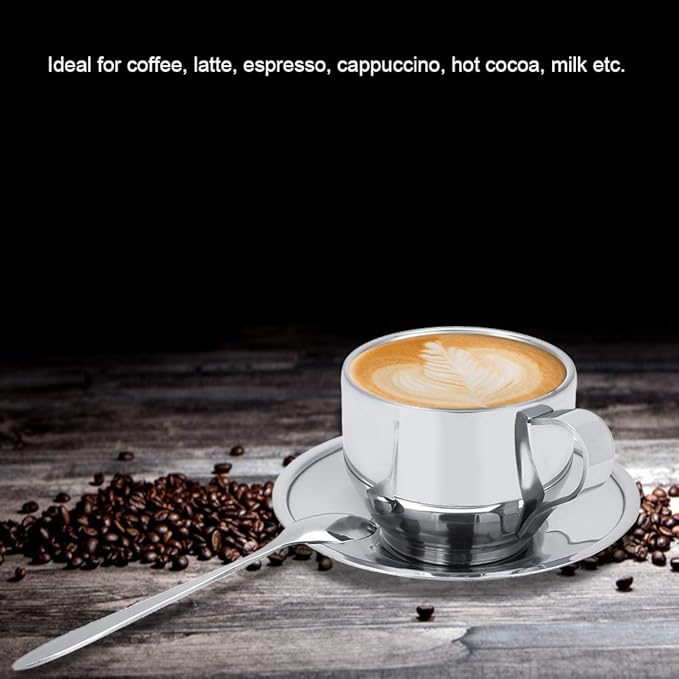Stainless Steel Mug and Saucer Set, 4 oz Insulated Coffee Cup Double Wall Espresso Cups with Saucer and Spoon Coffee Mug for Latte, Cappuccino, Milk, Tea, Hot and Cold Beverages