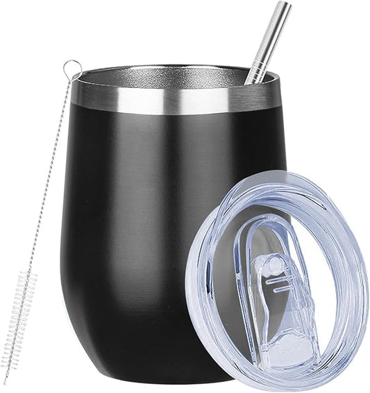 MEZMUT 12 Oz Insulated Wine Tumbler with Lid Double Wall Vacuum Stainless Steel Wine Glass Coffee Mug Insulated Tumbler Cup for Champaign, Cocktail, Beer (Black, 1 Pack)