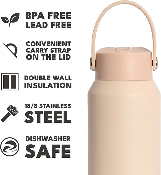 Elemental 40oz Insulated Water Bottle with Straw - 100% Leak-Proof Stainless Steel Core Water Bottles for Travel, Sports and Gym - Double Wall Insulation & BPA Free - Beige