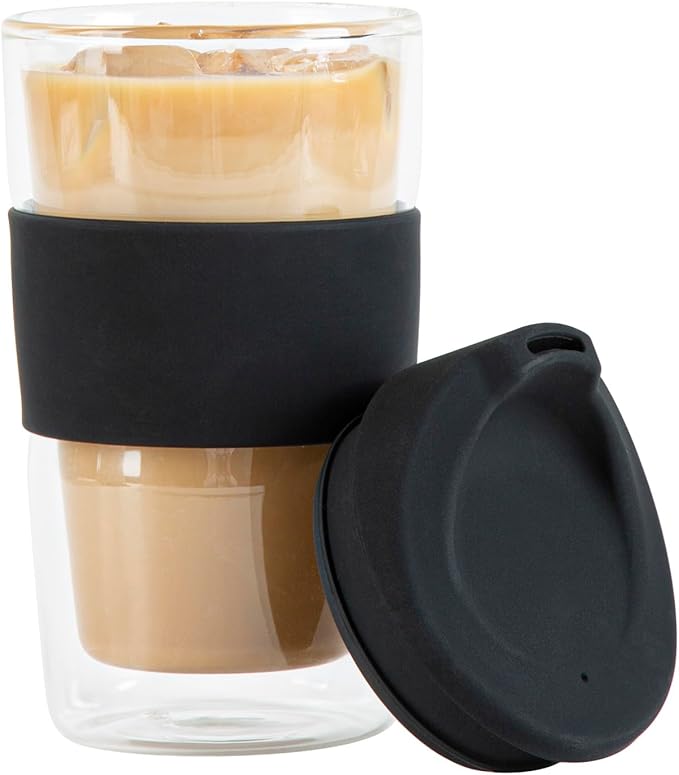 Restaurantware - Forma Professional 11.8 Ounce Insulated Travel Mugs, 10 Double Wall Coffee Mugs - Includes Lids And Sleeves, Reusable, Clear Borosilicate Glass Tumblers, Dishwashable, Microwavable