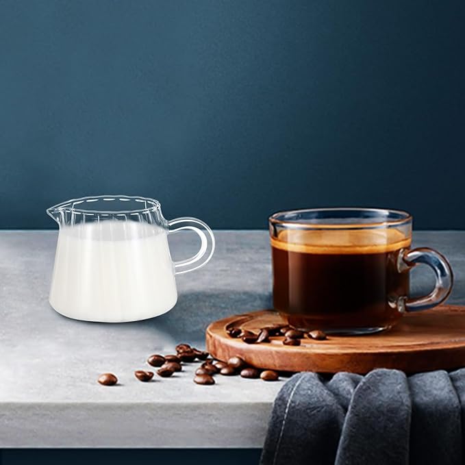 Didiseaon 2pcs Glass Milk Frothing Pitcher - 6.8oz Small High Borosilicate Creamer Pitcher with Handle - No-Drip Spout Espresso Milk Frother Cup for Latte Art, Coffee, Tea, Microwave Safe
