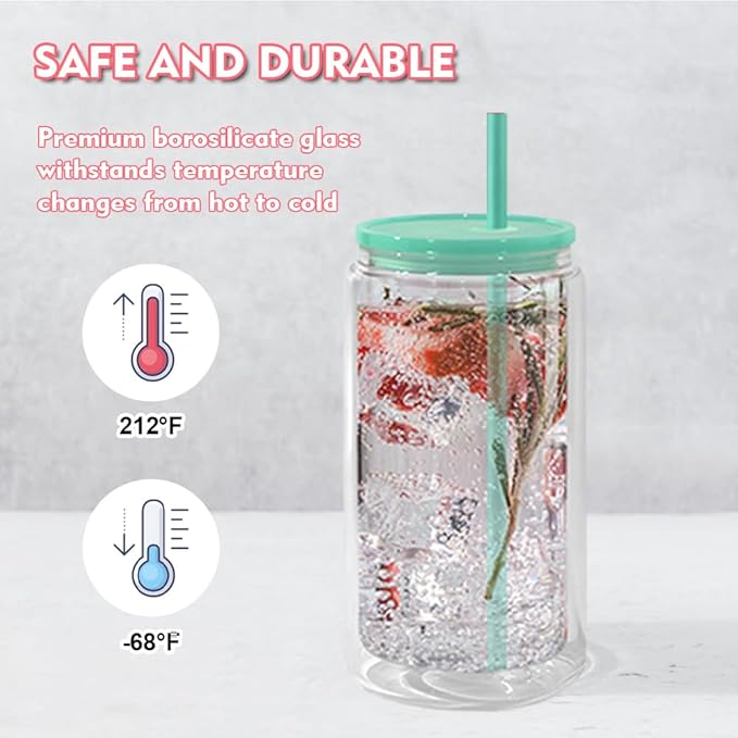 Snow Globe Tumbler, 25Pack 16oz Sublimation Double Wall Glass Tumbler with Mix Color Lids and Straws, Reusable Clear Beer Can Mason Jar Mug for Snow Globe Glitter DIY
