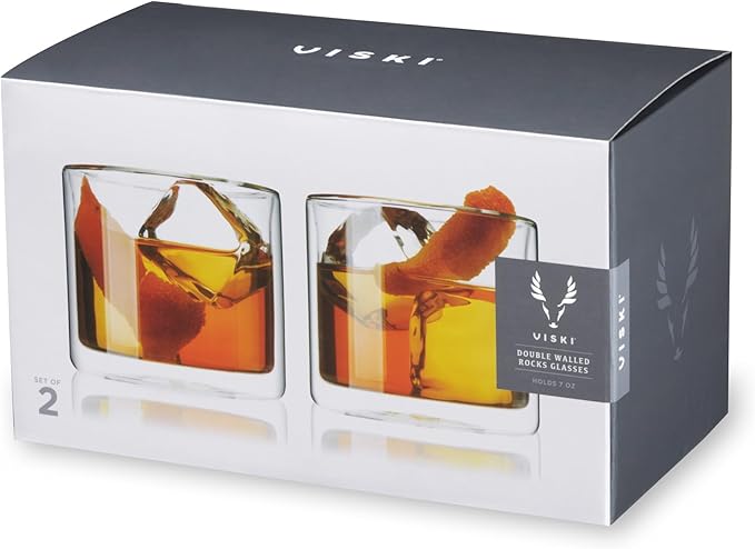 Viski Double Walled Old Fashioned Glasses - Insulated Borosilicate Glass Tumblers - Glass Cups for Bourbon, Whiskey, Scotch, Brandy, and Cocktails - 7 oz, Set of 2