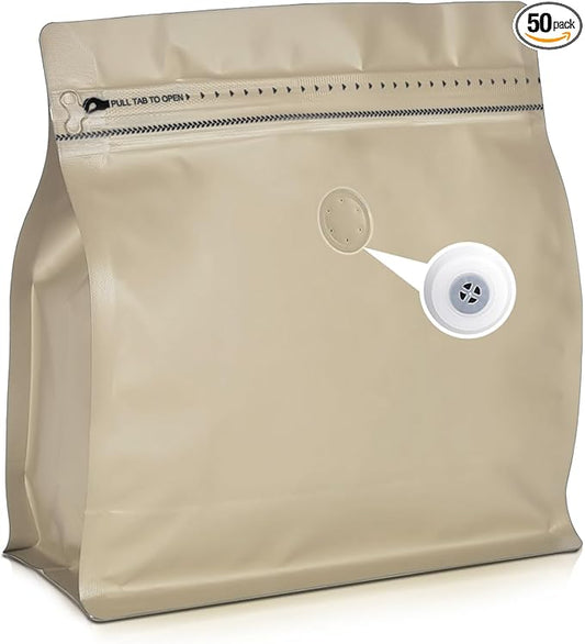 50 Count 8oz Coffee Bags with Valve,1/2 lb Vented Coffee Beans Packaging Bags High Barrier Aluminumed Foil Flat Bottom Heat Sealed Side Zipper Resealable Storage Bag for Home or Business（Brown）