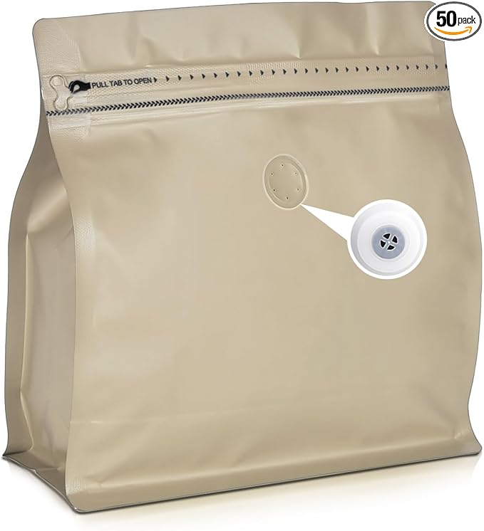 50 Count 16oz Coffee Bags with Valve,1lb Vented Coffee Beans Packaging Bags High Barrier Aluminumed Foil Flat Bottom Heat Sealed Side Zipper Resealable Storage Bag for Home or Business（Brown）