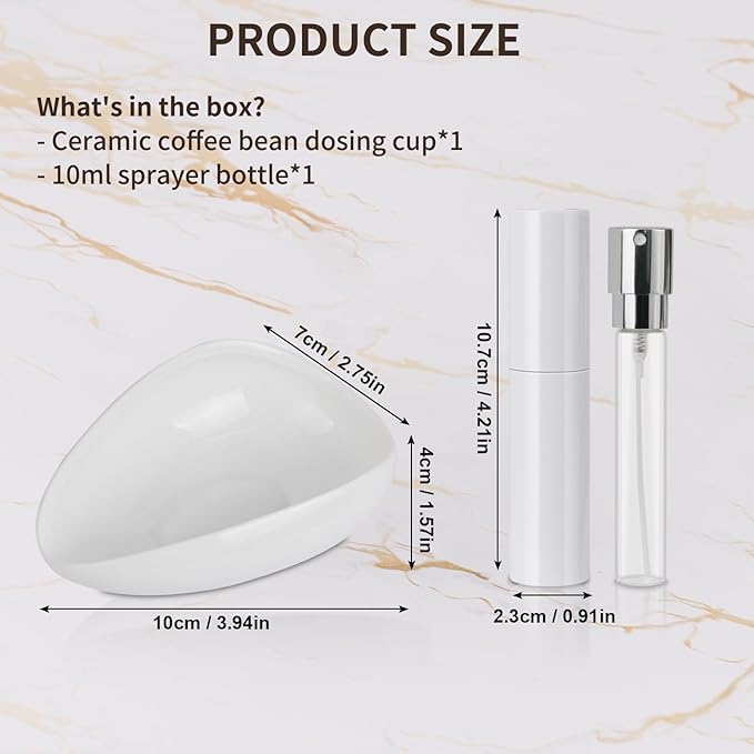 Coffee Bean Dosing Cup and Spray Bottle Kit - Ceramic Single Dosing Tray, Static Reducing Spray (White)