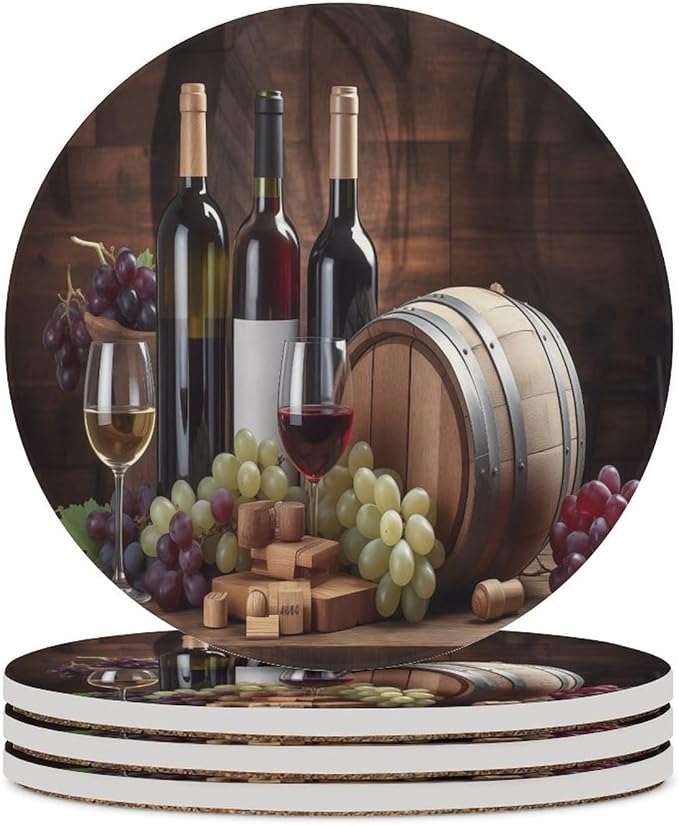 Round-4PCS Red Wine Ceramic Coasters, Round Absorbent Drink Coasters, Vintage Wood Style Red Wine Fruit Grapes Fruit Barware Ceramic Table Coasters for Coffee, Beverage, Wine, Beer Coasters