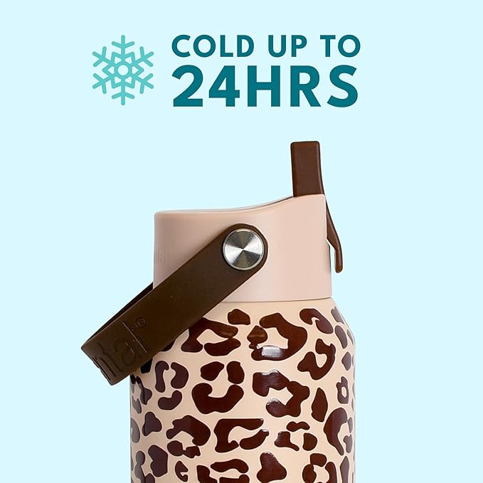 Elemental 40oz Insulated Water Bottle with Straw - 100% Leak-Proof Stainless Steel Core Water Bottles for Travel, Sports and Gym - Double Wall Insulation & BPA Free - Beige Leopard
