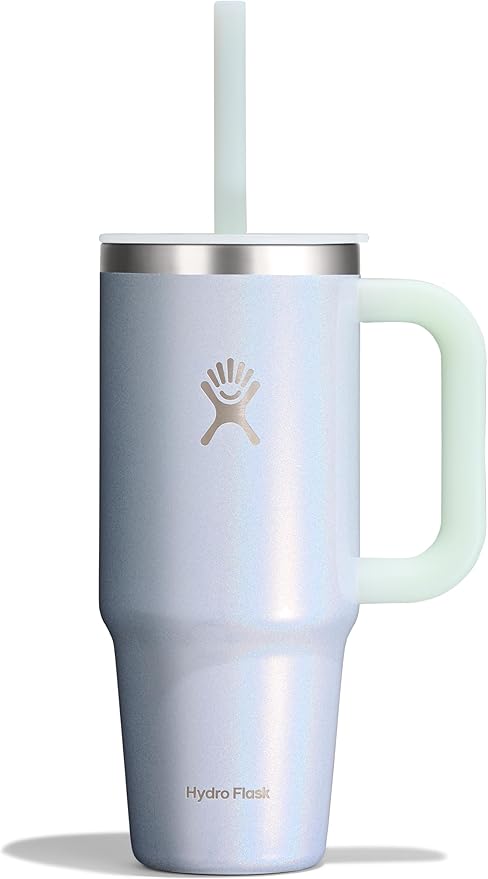 Hydro Flask Travel Tumbler with Handle, Lid and Straw - Insulated Stainless Steel in 24 Oz Glimmer Blue
