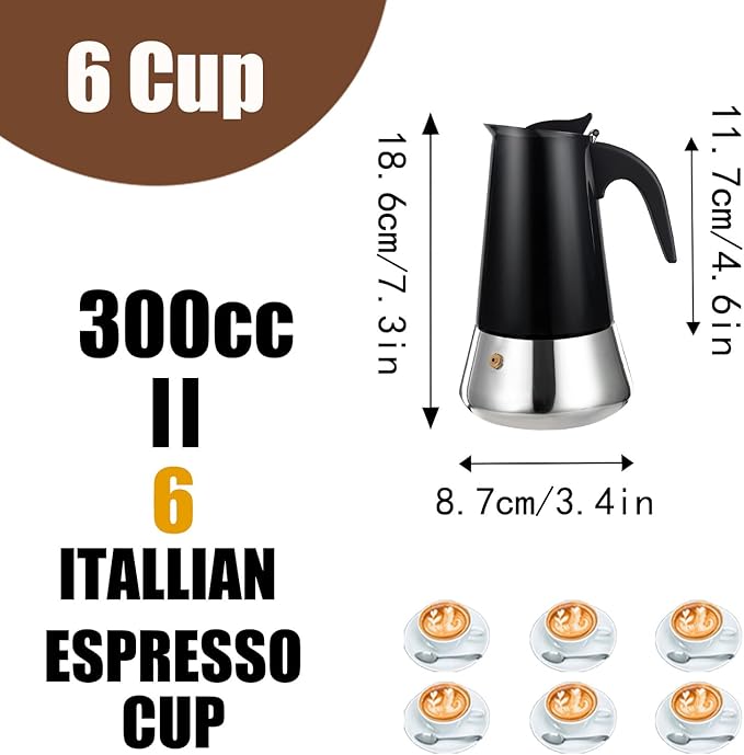 DITOSH 6 Cup Stovetop Espresso Maker Stainless Steel Moka Pot Stove Top Percolator Italian Coffee Makers Capable Mocha Greca Machine Cafe Classic Induction Cookers for Home and Camping 300ml 10oz