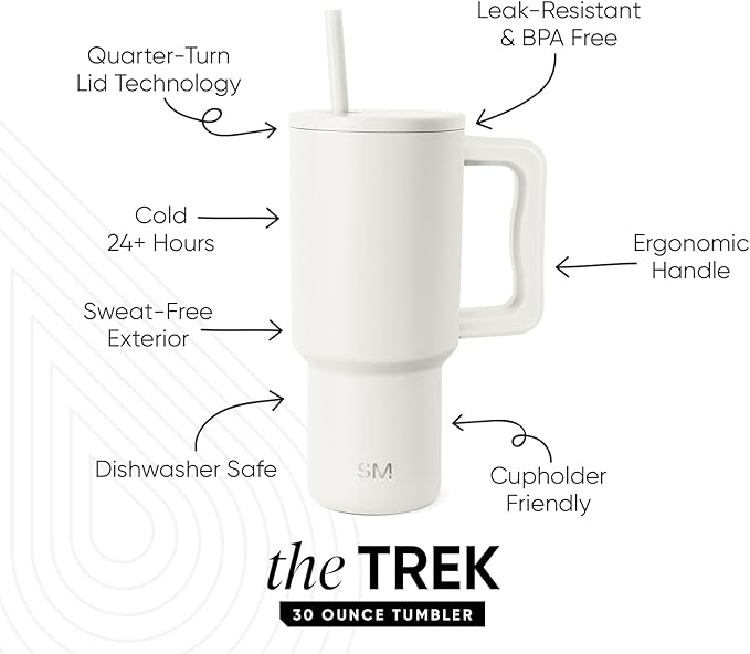 Simple Modern 30 oz Trek Tumbler with Handle and Straw Lid | Cup Holder Friendly Insulated Stainless Steel Travel Mug | Cream