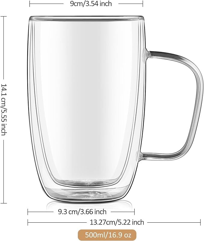 Joeyan Large Clear Double Walled Glass Coffee Mugs 16 oz, Double Layer Tea Latte Cappuccino Glasses Cups with Handle, Double Lined Insulated High Borosilicate Glassware for Hot Drinks, Set of 2