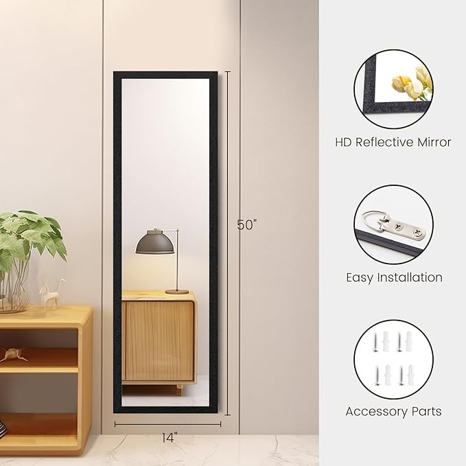 Beauty4U Full Length Wall Mirror - Explosion-Proof, Rectangular Float Framed for Room Decor, 50" x 14", Black