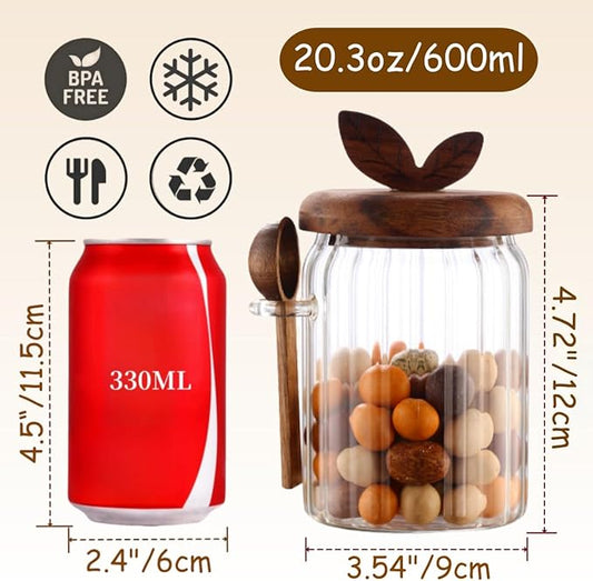 ANSQU Glass Jar with Wooden Lid and Spoon, 20.3oz Glass Food Storage Containers Coffee Jar Coffee Grounds Container, Coffee Canister holds up to 7.4oz Coffee Beans
