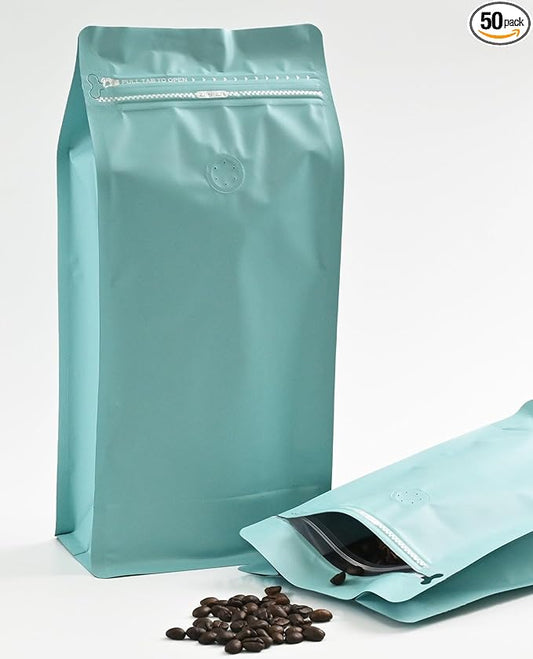 12mil Stand Up Coffee Bags, Flat Bottom Pouch with one-way Air Release Valve and Reusable Side Zipper(Blue, 50PCS-Large-2.2lb/32oz/1kg)