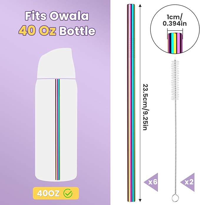 NiHome 6-Pack Iridescent Stainless Steel Drinking Straws, Compatible with Owala FreeSip 40oz, Food-Grade Rust-Resistant Material, Includes Cleaning Brushes & Travel Storage Bag