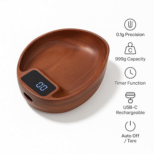 Premium Walnut Wood Coffee Scale – 0.1g Precision, USB-C Rechargeable Espresso & Kitchen Scale | Perfect Holiday Gift for Coffee Lovers, Baking & Tea (Walnut Wood)