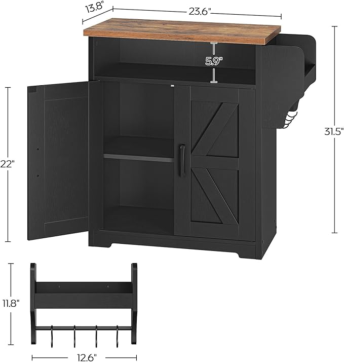 Coffee Bar Cabinet, Kitchen Island with Storage, Farmhouse Sideboard Buffet Cabinet with Dual-Purpose Floating Shelf and Hooks, for Restaurant, Living Room, Rustic Brown KF22BR