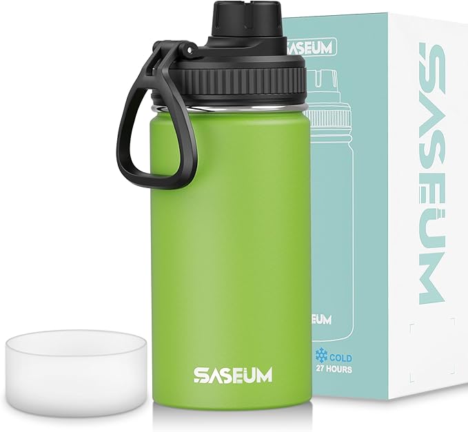 SASEUM Kids Sport Water Bottle 12oz Stainless Steel Double Wall Vacuum Thermal Mug with Leak Proof Spout Lids, Wide Mouth Metal Insulated Water Jug for Gym and Travel（Apple Green）