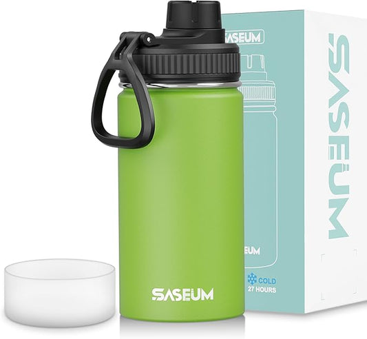 SASEUM Kids Sport Water Bottle 12oz Stainless Steel Double Wall Vacuum Thermal Mug with Leak Proof Spout Lids, Wide Mouth Metal Insulated Water Jug for Gym and Travel（Apple Green）