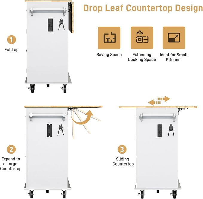 55" Movable Kitchen Island with Drop Leaf and Power Outlet, Rolling Island Cart w/Storage Cabinet, Island Table on Wheels for Kitchen w/2 Drawers, Spice Rack, Towel Bar, Garage Hook, White