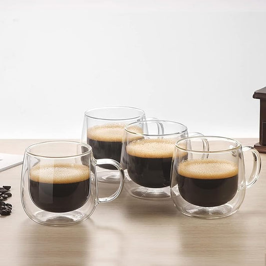 Double Wall Glass Coffee Mugs 10oz Set of 4 Insulated Clear Tea Cups with Handle, Perfect for Espresso, Latte and Cappuccinos