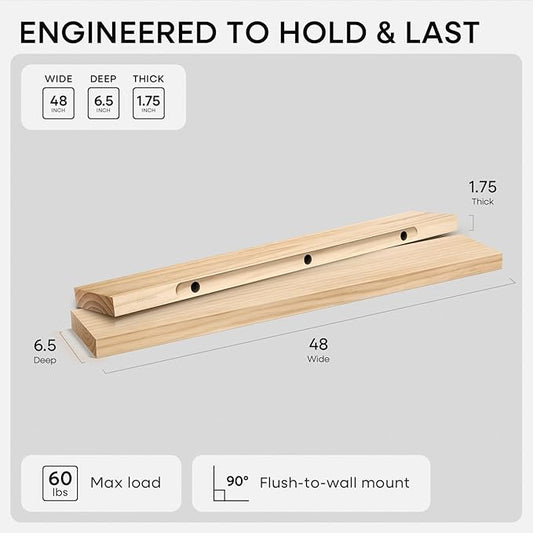 Homeforia 48 inch Natural Floating Shelf, High End Solid Real Wood 48inch Small Floating Shelves for Wall Mounted, Natural Wooden Floating Shelves, Heavy Duty Bracket, 48 X 6.5 X 1.75 in, Set of 2