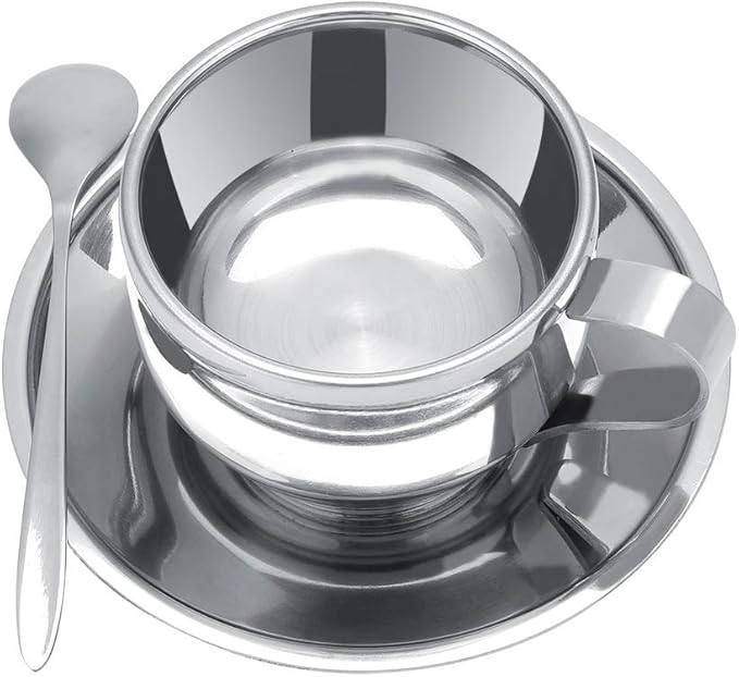 Stainless Steel Mug and Saucer Set, 4 oz Insulated Coffee Cup Double Wall Espresso Cups with Saucer and Spoon Coffee Mug for Latte, Cappuccino, Milk, Tea, Hot and Cold Beverages